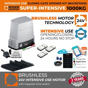 1000 KG Brushless Sliding Gate Opener Wi-Fi Access Control, 24V Low Voltage Power Kit |100% Italian Made by Roger Technology BH30 Sliding/Roller Gate Automation System. Super Intensive Use, 100% Duty Cycle 1 Ton Capacity Brushless High Torque Sliding Gate Motor With Magnetic Limits, Remote Controls, Wi-Fi Keypad Smart Secure Access Control and Weatherproof External 24V Transformer with 20m Cable.