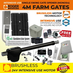 Brushless Farm Gate Opener 4G GSM Kit with Retro Reflective Safety Sensor, 4G Network Receiver (4G/VoLTE Compatible), 24V Solar Powered Brushless 100% Italian Made by Roger Technology MONOS4 for Swing Gate Automation and APC UNO Standalone Complete Solar Power System | Super Intensive Use, 100% Duty Cycle, Brushless Electric Gate Motor with Telescopic Arm | Max. 4.2m(14 Feet)/450kg Opening Driveway Gate Leaf