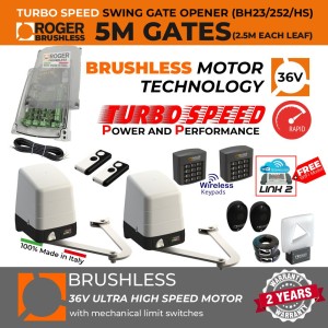 Turbo Speed Brushless Articulated Arm Swing Gate Automation Super Secure Kit with 100% Italian Made by Roger Technology BH23/252/HS Swing Driveway Gate Opener Irreversible Electric Gate Motor, Two Wireless Keypads, Remote Controls, Photocells Safety Sensor, Flashing Safety Light with Integrated Antenna and Cables | Ultra High-Speed 100% Duty Cycle Brushless Engine With Mechanical Stopper in Opening and Closing Limits | Max. 5m Double Swing Gate Opening (2.5M or 250KG Each Leaf) | Super Intensive Use