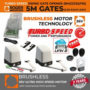 Turbo Speed Brushless Articulated Arm Swing Gate Automation Safety Kit with 100% Italian Made by Roger Technology BH23/252/HS Swing Driveway Gate Opener Irreversible Electric Gate Motor, Remote Controls, Photocells Safety Sensor, Flashing Safety Light with Integrated Antenna and Cables | Ultra High-Speed 100% Duty Cycle Brushless Engine With Mechanical Stopper in Opening and Closing Limits | Max. 5m Double Swing Gate Opening (2.5M or 250KG Each Leaf) | Super Intensive Use