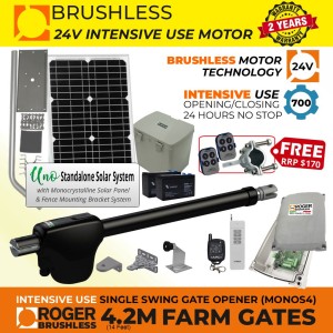 Brushless Farm Gate Opener Kit with 24V Solar Powered Brushless 100% Italian Made by Roger Technology MONOS4 for Swing Gate Automation and APC UNO Standalone Complete Solar Power System | Super Intensive Use, 100% Duty Cycle, Brushless Electric Gate Motor with Telescopic Arm | Max. 4.2m/450kg Opening Driveway Gate Leaf
