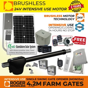 Solar Powered Farm Gate Opener Essentials Kits with Entry and Exit Wireless Push Buttons, Long Distance Remote Control, 24V Solar Powered Brushless 100% Italian Made by Roger Technology MONOS4 for Swing Gate Automation and APC UNO Standalone Complete Solar Power System | Super Intensive Use, 100% Duty Cycle, Brushless Electric Gate Motor with Telescopic Arm | Max. 4.2m/450kg Opening Driveway Gate Leaf