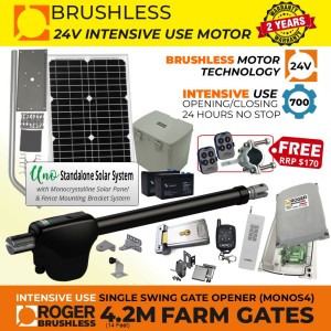 Brushless Farm Gate Opener Secure Kit with Electric Gate Lock, Retro Reflective Safety Sensor, Automatic Gate Remote Controls, 24V Solar Powered Brushless 100% Italian Made by Roger Technology MONOS4 for Swing Gate Automation and APC UNO Standalone Complete Solar Power System | Super Intensive Use, 100% Duty Cycle, Brushless Electric Gate Motor with Telescopic Arm | Max. 4.2m/450kg Opening Driveway Gate Leaf