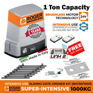 1000 KG Sliding Gate Opener Kit with 100% Italian Made by Roger Technology BH30 Brushless Sliding Gate Automation. 100% Duty Cycle, High Torque Brushless Technology Super Intensive Use Sliding Gate Motor, 1 Ton Capacity Rolling Engine With Magnetic Limits