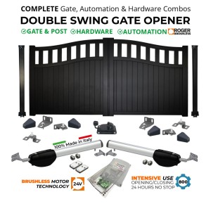 Aluminium Double Swing Driveway Gates and Automation Combo | Aluminium Double Swing Driveway Residential Gates | Black Powder-coated Finish Contemporary Design Driveway Entrance Front Gates Including Posts and Hinges and 24V Brushless Gate Automation Kit 100% Italian Made by Roger Technology Double Swing Gate Opener
