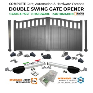 Aluminium Double Swing Driveway Gates and Automation Combo | Aluminium Double Swing Driveway Residential Gates | Grey Powder-coated Finish Contemporary Design Driveway Entrance Front Gates Including Posts and Hinges and 24V Brushless Gate Automation Kit 100% Italian Made by Roger Technology Double Swing Gate Opener