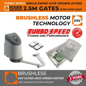 24V Brushless Sigle Swing Gate Opener with Articulated Arm | 100% Italian Made by Roger Technology AYRON Series Ultra High-Speed Gate Opener. | Max. 2.5m/260kg Opening Driveway Gate Leaf | 100% Duty Cycle