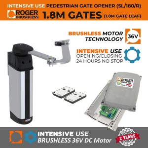 Pedestrian Gate Automation Kit with 36V Brushless Gate Motor | Super Intensive Use | 100% Italian Made by Roger Technology, SLED Series SL/180/R Swing Gate Motor,  IPU 36V Swing Gate Digital Control Board with On-board Inverter. Remote Control Pedestrian Gate Automation System.