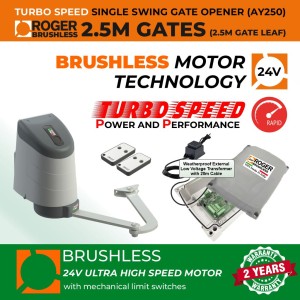 24V Brushless Sigle Swing Gate Opener with Articulated Arm, Weatherproof External 24V Transformer and 20m Low Voltage Cable | 100% Italian Made by Roger Technology AYRON Series Ultra High-Speed Gate Opener. | Max. 2.5m/260kg Opening Driveway Gate Leaf | 100% Duty Cycle