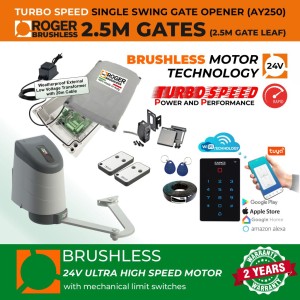24V Brushless Sigle Swing Gate Opener Smart WiFi Kit with Articulated Arm, Weatherproof External 24V Transformer and 20m Low Voltage Cable and Secure WiFi Keypad| 100% Italian Made by Roger Technology AYRON Series Ultra High-Speed Gate Opener. | Max. 2.5m/260kg Opening Driveway Gate Leaf | 100% Duty Cycle