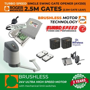 24V Brushless Sigle Swing Gate Opener Super Secure Low Voltage Kit with Safety Sensor, Two Wireless Keypads for Entry and Exit Secure Access Control and Weatherproof External 24V Transformer and 20m Low Voltage Cable  | 100% Italian Made by Roger Technology AYRON Series Ultra High-Speed Gate Opener. | Max. 2.5m/260kg Opening Driveway Gate Leaf | 100% Duty Cycle