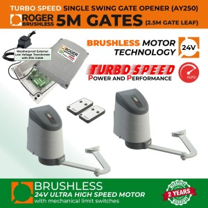 24V Brushless Double Swing Gate Opener with Articulated Arm, Weatherproof External 24V Transformer and 20m Low Voltage Cable | 100% Italian Made by Roger Technology AYRON Series Ultra High-Speed Gate Opener. | Max. 5m Opening (2.5m/260kg Each Leaf)| 100% Duty Cycle