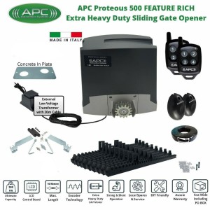 Extra Low Voltage 24V DC Electric Gate APC Proteous 500 FEATURE RICH Extra Heavy Duty Automatic Sliding Gate Opener Trade Kit with Encoder System