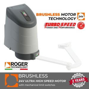 Roger Technology 24V Brushless Articulated Arm Gate Motor for Swing Gates| Ultra High-Speed / Super Intensive Use | 100% Italian Made by Roger Technology, AYRON Series Gate Motor for Swing Gate Automation System.