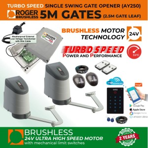 24V Brushless Double Swing Gate Opener WiFi Smart APP Access Control Kit with Articulated Arm, Secure WiFi Keypad and Weatherproof External 24V Transformer (20m Low Voltage Cable) | 100% Italian Made by Roger Technology AYRON Series Ultra High-Speed Gate Opener. | Max. 5m Opening (2.5m/260kg Each Leaf)| 100% Duty Cycle