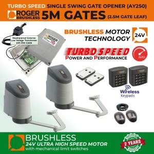 24V Brushless Double Swing Gate Opener Secure Access Control Kit with Articulated Arm, Secure Dual Entry and Exit Wireless Keypads and Weatherproof External 24V Transformer (20m Low Voltage Cable)  | 100% Italian Made by Roger Technology AYRON Series Ultra High-Speed Gate Opener. | Max. 5m Opening (2.5m/260kg Each Leaf)| 100% Duty Cycle