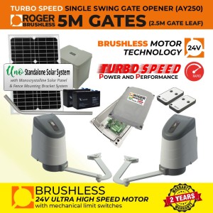 24V Solar Powered Brushless Double Swing Gate Opener Kit with APC UNO Standalone Complete Solar Power System and Articulated Arm | 100% Italian Made by Roger Technology AYRON Series Ultra High-Speed Gate Opener. | Max. 5m Opening (2.5m/260kg Each Leaf)| 100% Duty Cycle