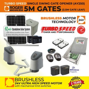 24V Solar Powered Brushless Double Swing Gate Opener Secure Access Control Kit with Articulated Arm, Secure Dual Entry and Exit Wireless Keypads and APC UNO Standalone Complete Solar Power System. | Max. 5m Opening (2.5m/260kg Each Leaf)| 100% Duty Cycle