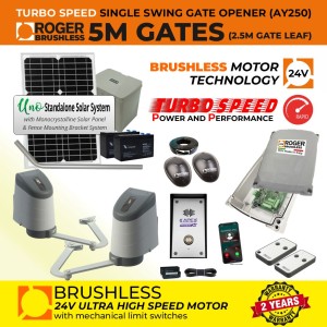 24V Solar Powered Brushless Double Swing Gate Opener GSM Intercom Access Control Kit with Articulated Arm, APC PHONIC4 GSM Audio Intercom Doorbell and APC UNO Standalone Complete Solar Power System | 100% Italian Made by Roger Technology AYRON Series Ultra High-Speed Gate Opener. | Max. 5m Opening (2.5m/260kg Each Leaf)| 100% Duty Cycle