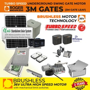 Solar Powered Underground Single Swing Electric Gate Opener Super Secure Kit | Roger Technology 36V Brushless Motor |100% Italian Made by Roger Technology BR21/351/HS for Swing Gate Automation System. High-Speed 100% Duty Cycle Brushless Engine With Mechanical Stopper in Opening and Closing Limits, Safety Sensor, Two Wireless Keypads for Entry and Exit Secure Access Control, and APC UNO 24V Standalone Complete Solar Power System | Max. 3M or 400KG Per Gate Leaf | Super Intensive Use.