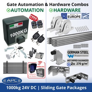 Super Duty 1000 KG Sliding Gate Opener and Premium Hardware DIY Kit Include APC Proteous P1000 Italian Made Super Duty Automatic Electric Sliding Gate Motor, Remotes, Retro Reflective Safety Sensor, Wireless Access Controller and European Made Sliding Gate Hardware