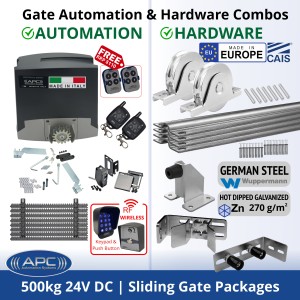 Sliding Gate Opener and European Made Premium Hardware Base DIY Kit Includes Extra Heavy Duty APC Proteous 500 Italian Made Automatic Electric Sliding Gate Motor, Remotes, Retro Reflective Safety Sensor, Wireless Access Controller, Gate Track and European Sliding Gate Hardware Base Kit.