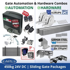 Ultra Fast Sliding Gate Opener and European Made Premium Hardware DIY Kit Include Extra Heavy Duty APC Proteous 450 Sprint Italian Made Ultra Fast Automatic Electric Sliding Gate Motor, Remotes, Retro Reflective Safety Sensor, Wireless Access Controller and European Sliding Gate Hardware Base Kit.
