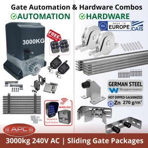 3000KG (3 Tonne) Commercial Grade Sliding Gate Automation System and European Made Premium Hardware DIY Kit Includes APC Typhoon 3000 Automatic Electric Sliding Gate AC Motor, Remotes, Retro Reflective Safety Sensor, Wireless Access Controller and European Sliding Gate Hardware Base Kit.