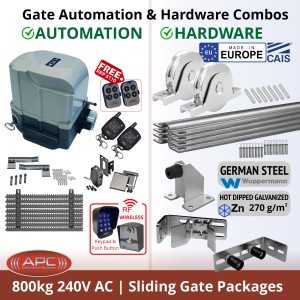 APC Typhoon 800KG Sliding Gate Automation System and European Made Premium Hardware Base Kit DIY Package | Include APC Typhoon 800 Automatic Electric Sliding Driveway Gate Opener, Remotes, Retro Reflective Safety Sensor, Wireless Access Controller, Gate Track and European Sliding Gate Hardware Base Kit.