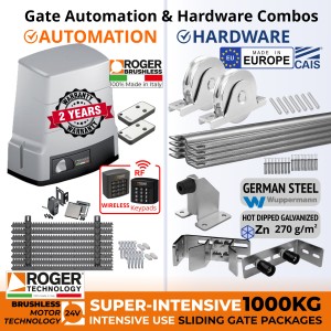 1000kg Sliding Gate Opener and European Made Premium Hardware DIY Kit Include 100% Italian Made by Roger Technology BH30 BRUSHLESS Sliding Gate Automation System, Remotes, Retro Reflective Safety Sensor, Wireless Keypads Secure Access Controller, European Sliding Gate Hardware Set, Sliding Gate Track, Gate Wheels, Upper Rollers, End Stop/Catcher Bracket, Gate Stop.