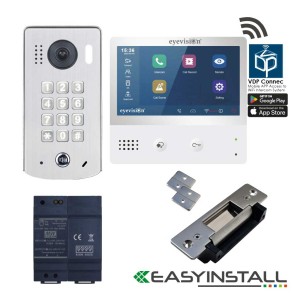 Eyevision® EasyInstall Two-Wire Doorbell Video Intercom and Electric Striker System. Two Wire 7 Inch Touch Screen Intercom Monitor and Surface Mount Video Intercom Camera Door Station, 2.0 Mega Pixel, 170° Super Wide Angle Video Keypad Outdoor Station