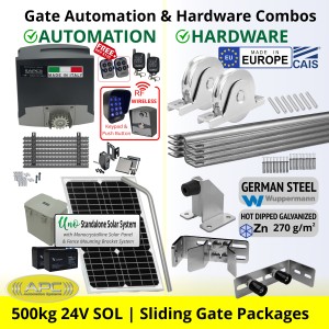 Solar OFF GRID Sliding Gate Opener and European Made Premium Hardware Base DIY Kit Includes Extra Heavy Duty APC Proteous 500 Italian Made Automatic Electric Sliding Gate Motor, Remotes, Retro Reflective Safety Sensor, Wireless Access Controller, Gate Track and European Sliding Gate Hardware Base Kit.