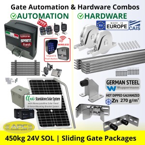 Solar Powered Ultra Fast Sliding Gate Opener and European Made Premium Hardware DIY Kit Include Extra Heavy Duty APC Proteous 450 Sprint Italian Made Ultra Fast Automatic Electric Sliding Gate Motor, Remotes, Retro Reflective Safety Sensor, Wireless Access Controller and European Sliding Gate Hardware Base Kit.