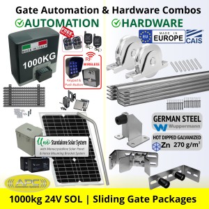 Solar Powered Super Duty 1000 KG Sliding Gate Opener and Premium Hardware DIY Kit Include APC Proteous P1000 Italian Made Super Duty Automatic Electric Sliding Gate Motor, Remotes, Retro Reflective Safety Sensor, Wireless Access Controller and European Made Sliding Gate Hardware