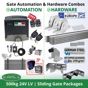 Sliding Gate Opener and European Made Premium Hardware Base DIY Low Volatage Kit Includes Extra Heavy Duty APC Proteous 500 Italian Made Automatic Electric Sliding Gate Motor, External 24V Transformer with 20m Low Voltage Cable, Remotes, Retro Reflective Safety Sensor, Wireless Access Controller, Gate Track and European Sliding Gate Hardware Base Kit.