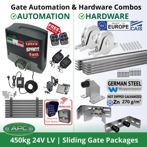 Ultra Fast Sliding Gate Opener and European Made Premium Hardware DIY Low Voltage Kit Include Extra Heavy Duty APC Proteous 450 Sprint Italian Made Ultra Fast Automatic Electric Sliding Gate Motor, Remotes, External 24V Transformer with 20m Low Voltage Cable, Retro Reflective Safety Sensor, Wireless Access Controller and European Sliding Gate Hardware Base Kit.
