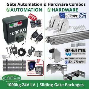 Super Duty 1000 KG Sliding Gate Opener and Premium Hardware DIY Low Voltage Kit Include APC Proteous P1000 Italian Made Super Duty Automatic Electric Sliding Gate Motor, Remotes, External 24V Transformer with 20m Low Voltage Cable, Retro Reflective Safety Sensor, Wireless Access Controller and European Made Sliding Gate Hardware