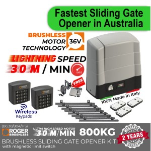 Lightning Speed (50cm/s), Brushless 36V, 800kg, Sliding Gate Opener Super Secure Kit|100% Italian Made by Roger Technology BG30/804/HS Rolling Gate Automation System. Ultra-High ⚡ Speed 100% Duty Cycle 800kg Capacity Brushless 36V Sliding Gate Motor With Magnetic Limits, Remote Controls, Reflective Safety Sensor and Two Wireless Keypad Secure Access Control