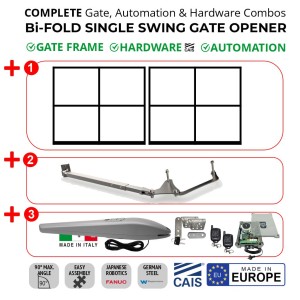 3m Trackless Bi-Fold Single Swing Gate and Gate Automation Kit Combo | Bi-folding Space-Saving Feature Single Swing Gate Hardware (CAIS) With Two Gate Frame and Automatic Electric Gate Automation Kit Extra Heavy Duty Italian Made Linear Actuator Gate Opener