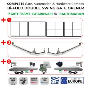 6m Trackless Bi-Fold Double Swing Gate and Gate Automation Kit Combo | Bi-folding Space-Saving Feature Double Swing Gate Hardware (CAIS) With Four Gate Frame and Automatic Electric Gate Automation Kit Extra Heavy Duty Italian Made Linear Actuator Gate Opener