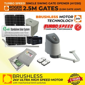 24V Solar Powered Brushless Single Swing Gate Opener Kit with APC UNO Standalone Complete Solar Power System and Articulated Arm | 100% Italian Made by Roger Technology AYRON Series Ultra High-Speed Gate Opener. | Max. 2.5m/260kg Opening Driveway Gate Leaf | 100% Duty Cycle