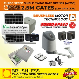 24V Solar Powered Brushless Single Swing Gate Opener Super Secure Kit with Articulated Arm, APC UNO Standalone Complete Solar Power System, Safety Sensor, Two Wireless Keypads for Entry and Exit Secure Access Control | 100% Italian Made by Roger Technology AYRON Series Ultra High-Speed Gate Opener. | Max. 2.5m/260kg Opening Driveway Gate Leaf | 100% Duty Cycle