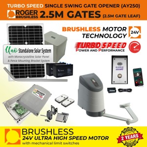 24V Solar Powered Brushless Single Swing Gate Opener GSM Intercom Access Control Kit with Articulated Arm, APC UNO Standalone Complete Solar Power System, Safety Sensor and 4G GSM Audio Intercom Doorbell Access Control | 100% Italian Made by Roger Technology AYRON Series Ultra High-Speed Gate Opener. | Max. 2.5m/260kg Opening Driveway Gate Leaf | 100% Duty Cycle