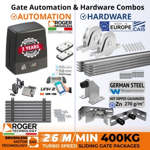 400kg Turbo-Speed Sliding Gate Opener Wi-Fi Access Control and European Made Premium Hardware DIY Kit Include 100% Italian Made by Roger Technology BM30 HS BRUSHLESS Sliding Gate Automation System, Remotes, Retro Reflective Safety Sensor, APC Link2 Wi-Fi Module, European Sliding Gate Hardware Set, Sliding Gate Track, Gate Wheels, Upper Rollers, End Stop/Catcher Bracket, Gate Stop.