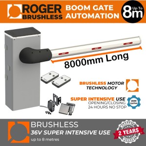 8m Boom Gate Trade Kit with Brushless 36V Boom Gate System - Super Intensive Use (up to 8 meters) Boom Gate Operator with Bionik Brushless 36V Boom Arm Barrier, Safety Sensor and Remote Controls |100% Italian Made by Roger Technology | Highest Quality Automatic Barrier Boom Gate Systems
