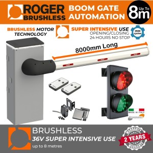 8M Boom Barrier Gate and Traffic Lights Secure Access Control Kit | Super Intensive Use (up to 6 meters) Boom Gate Operator - Bionik Brushless 36V Boom Arm Barrier Gate(100% Italian Made by Roger Technology) with Safety Sensor and Double (Red/Green) Traffic Signal LED Lights (Made in Italy by Stagnoli) | Highest Quality Automatic Barrier Boom Gate Traffic Control System with Traffic Lights Signal