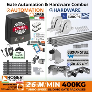 400kg Turbo-Speed Sliding Gate Opener Wi-Fi Access Control and European Made Premium Hardware DIY Low Voltage Kit Include 100% Italian Made by Roger Technology BM30 HS BRUSHLESS Sliding Gate Automation System, Remotes, APC Link2 Wi-Fi Module, External 24V Transformer with 20m Low Voltage Cable, Retro Reflective Safety Sensor, European Sliding Gate Hardware Set, Sliding Gate Track, Gate Wheels, Upper Rollers, End Stop/Catcher Bracket, Gate Stop.