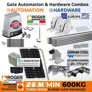 Solar Off Grid 600kg Turbo-Speed Sliding Gate Opener and European Made Premium Hardware DIY Kit Include 100% Italian Made by Roger Technology BH30/604/HS BRUSHLESS Sliding Gate Automation System, Remotes, Retro Reflective Safety Sensor, Antenna, European Sliding Gate Hardware Set, Sliding Gate Track, Gate Wheels, Upper Rollers, End Stop/Catcher Bracket, Gate Stop.