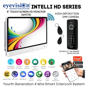 Eyevision® Intelli HD Series Smart WiFi Intercom System | 120° 2MP HD Intercom Camera Keypad (Swipe Tag Reader) Outdoor Station with 8" HD Monitor (White) With Built-In WiFi For Smartphone APP | Includes Power Adapters, Swipe Tags, Fixing  Brackets | Easy 4 Wired Installation (Free Smartphone APP) | Fourth Generation 4 Wire Intercom Systems