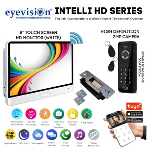 Eyevision® Intelli HD Series Smart WiFi Intercom System with Stainless Steel Electric Gate and Door Striker | 120° 2MP HD Intercom Camera Keypad (Swipe Tag Reader) Outdoor Station with White Coloured 8" HD Monitor With Built-In WiFi For Smartphone APP | Includes Power Adapters, Swipe Tags, Fixing  Brackets | Easy 4 Wired Installation (Free Smartphone APP) | Fourth Generation 4 Wire Intercom and Door Striker Access Control Systems